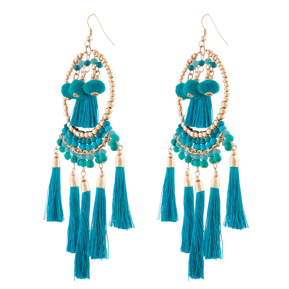 Green Statement Tassel Pom-Pom Earrings