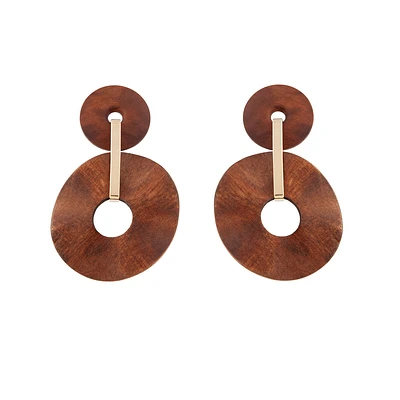 Brown Wooden Wavy Disc Earrings