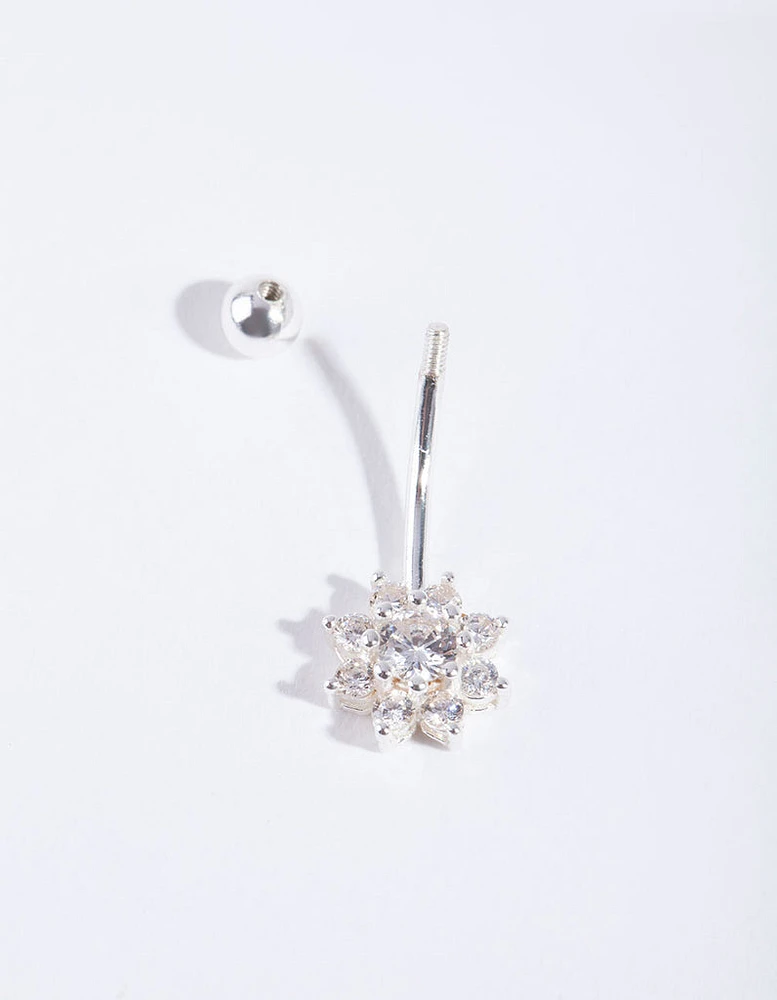 Sterling Silver Cubic Zirconia Floral Belly Bar