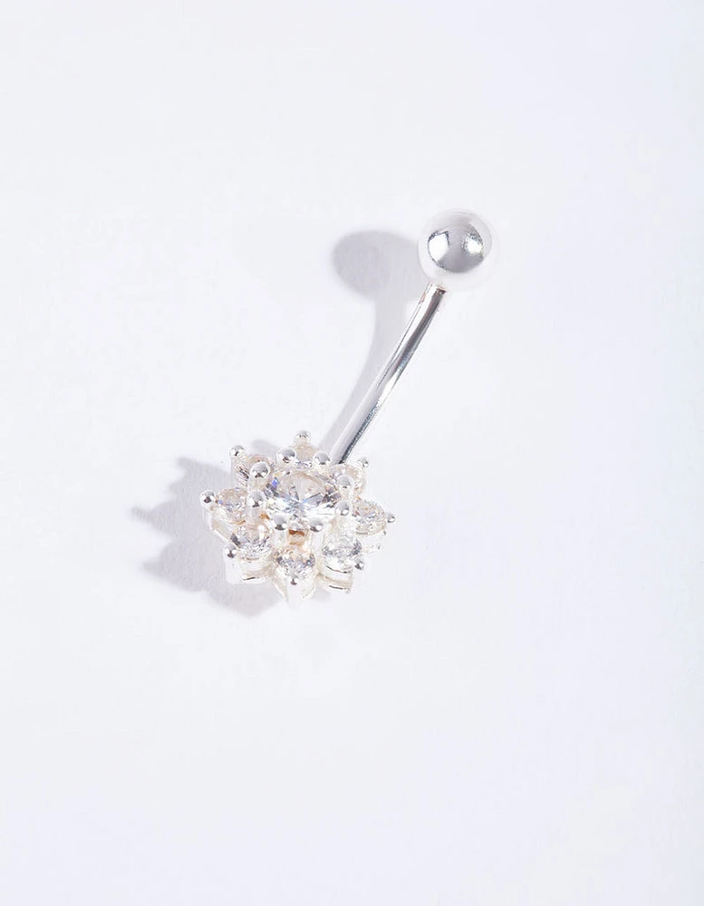 Sterling Silver Cubic Zirconia Floral Belly Bar