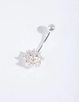 Sterling Silver Cubic Zirconia Floral Belly Bar