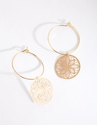 Gold Filigree Disc Hoop Earrings