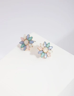 Gold Round Crystal Flower Stud Earrings