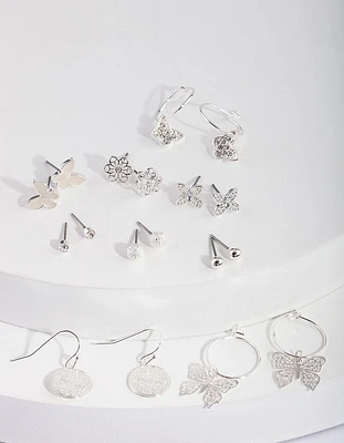 Silver Butterfly Hoop Drop Earring 9-Pack