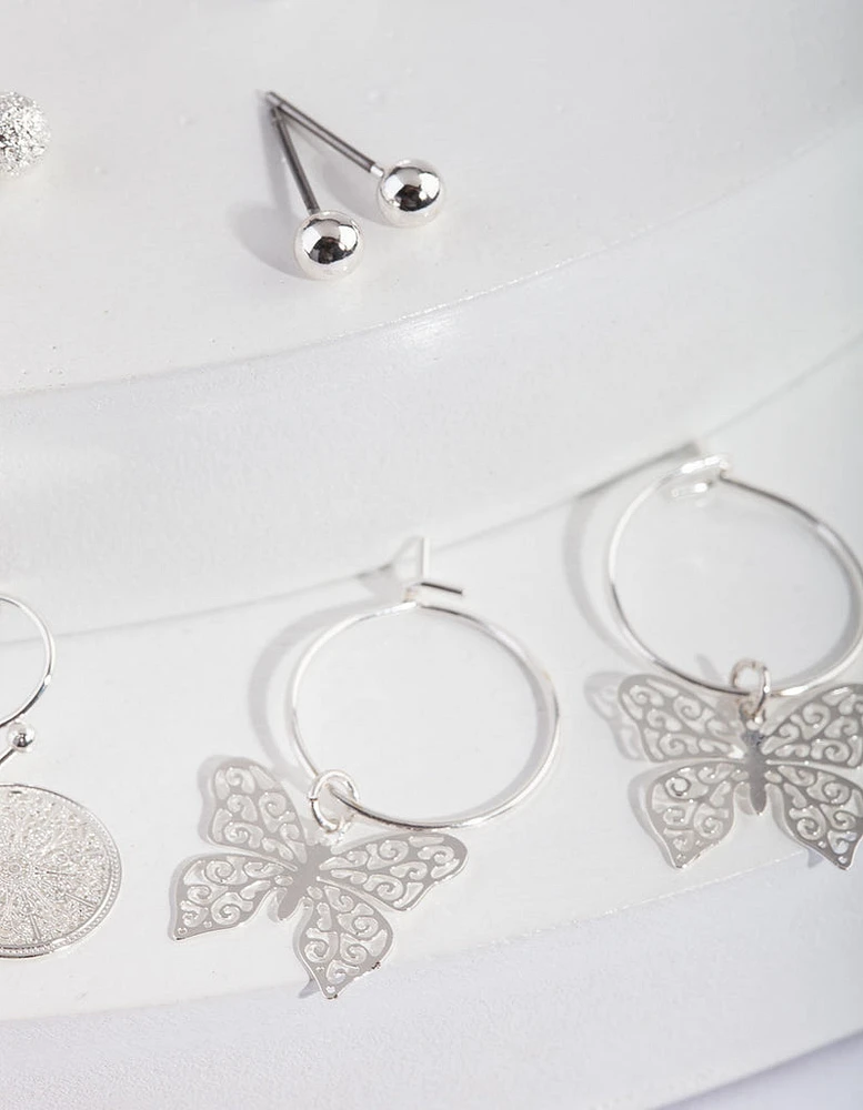 Silver Butterfly Hoop Drop Earring 9-Pack