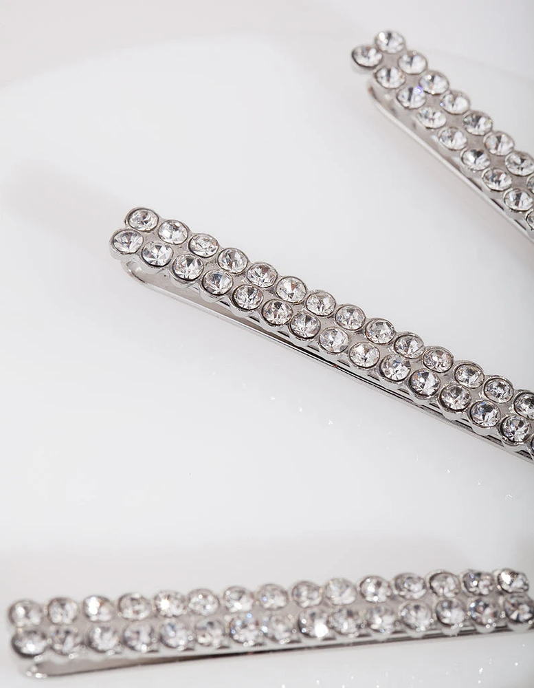 Silver Double Row Diamante Clip 4-Pack