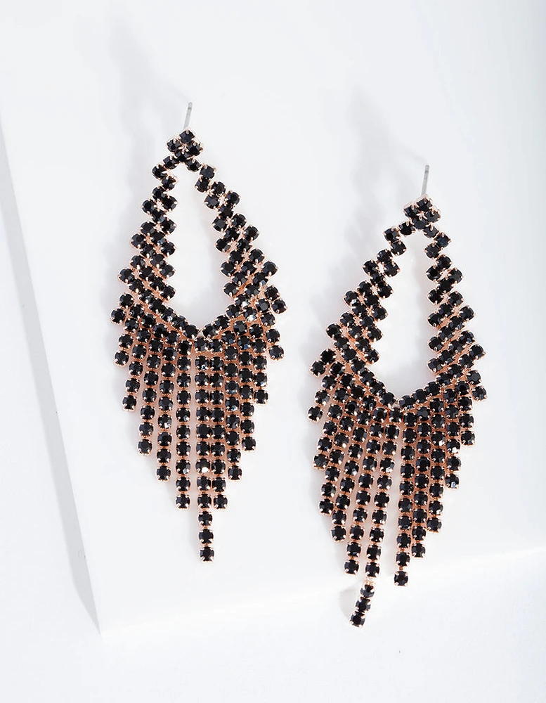 Rose Gold Black Diamante Cupchain Cascading Earrings