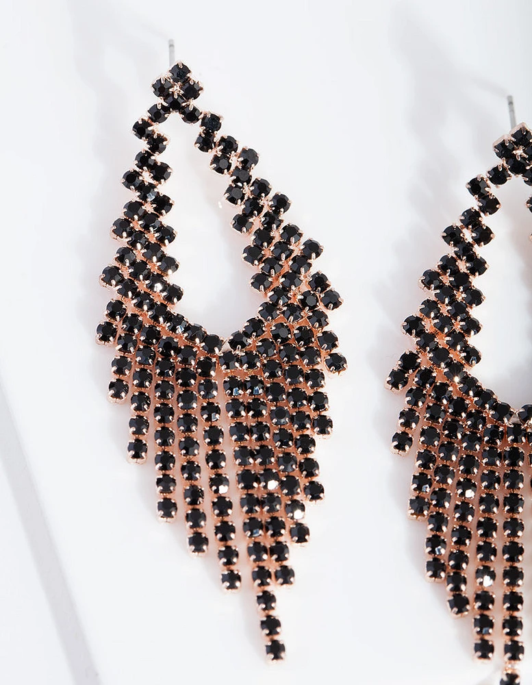 Rose Gold Black Diamante Cupchain Cascading Earrings