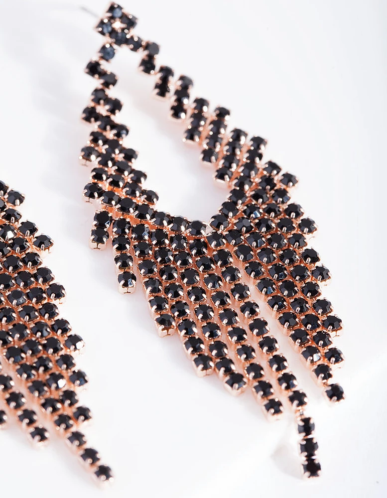 Rose Gold Black Diamante Cupchain Cascading Earrings