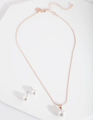 Rose Gold Pearl Necklace Earrings Set