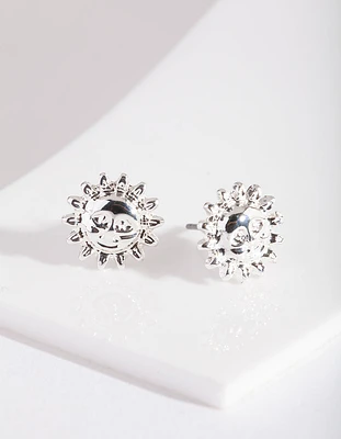 Silver Smiling Sun Stud Earrings