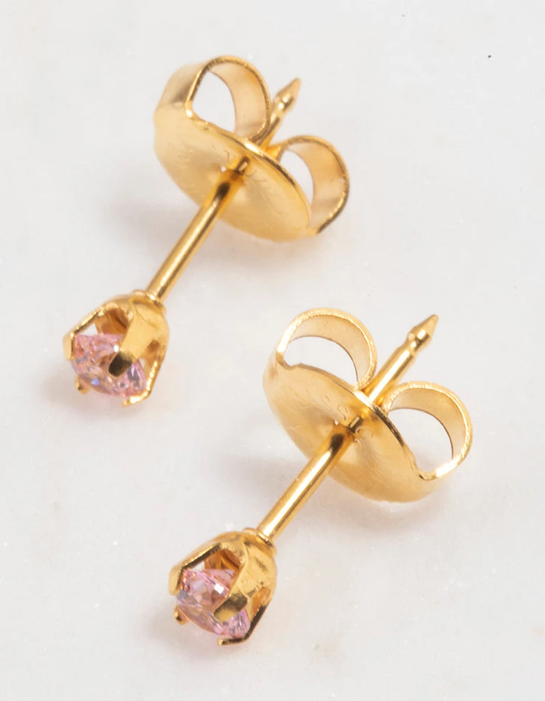 Gold 24K Pink Cubic Zirconia Crystal Piercing Stud 3mm