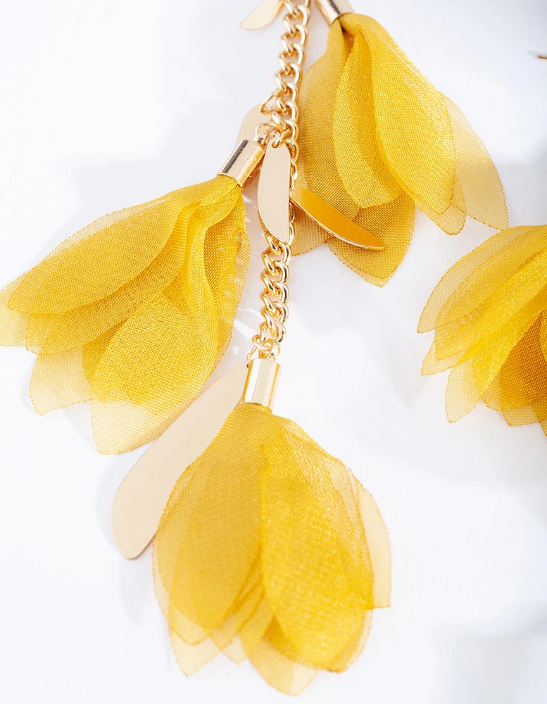 Yellow Fabric Flowers Gold Earrings