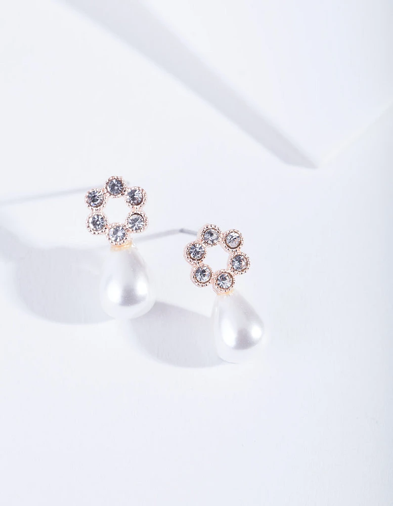 Rose Gold Flower Diamante Pearl Earrings