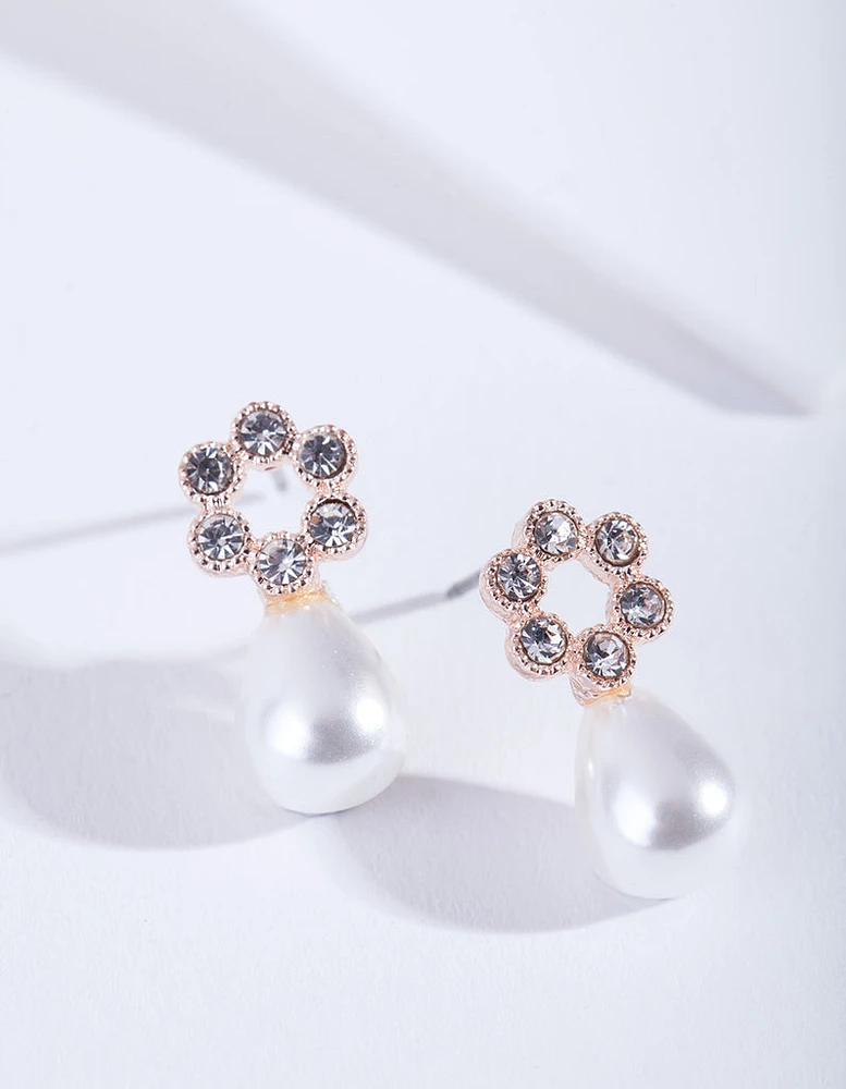 Rose Gold Flower Diamante Pearl Earrings