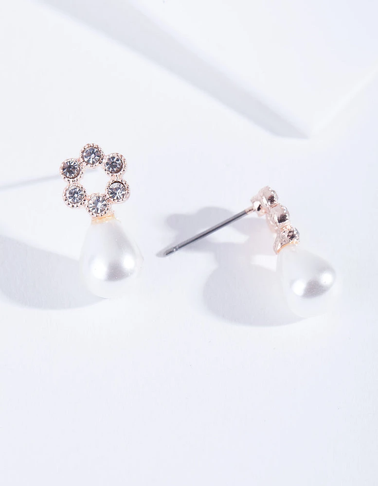 Rose Gold Flower Diamante Pearl Earrings