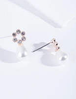 Rose Gold Flower Diamante Pearl Earrings