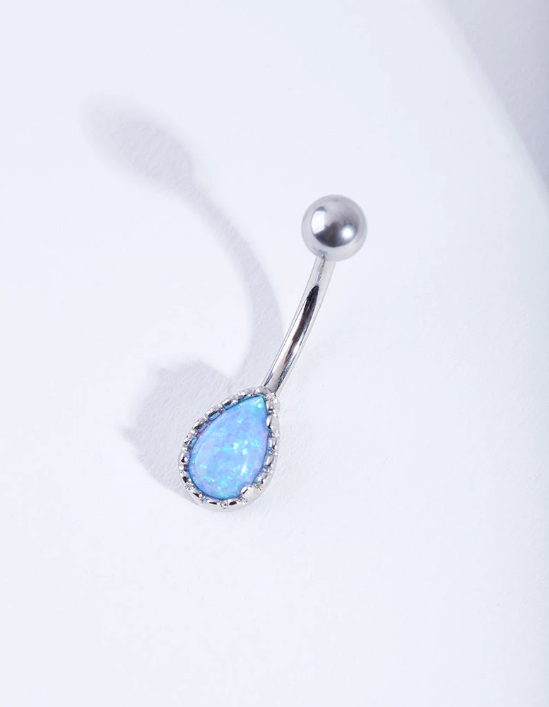 Rhodium Dainty Synthetic Opal Belly Bar