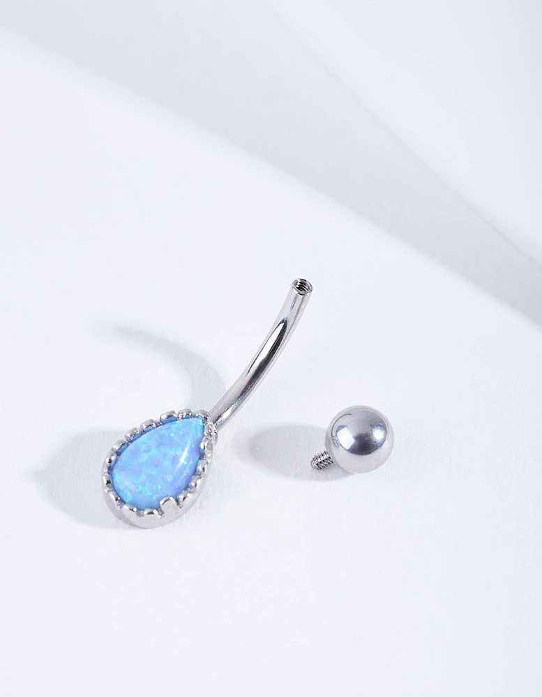 Rhodium Dainty Synthetic Opal Belly Bar