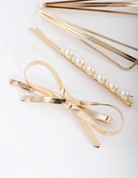 Gold Pearl Bow Hair Clip 4-Pack