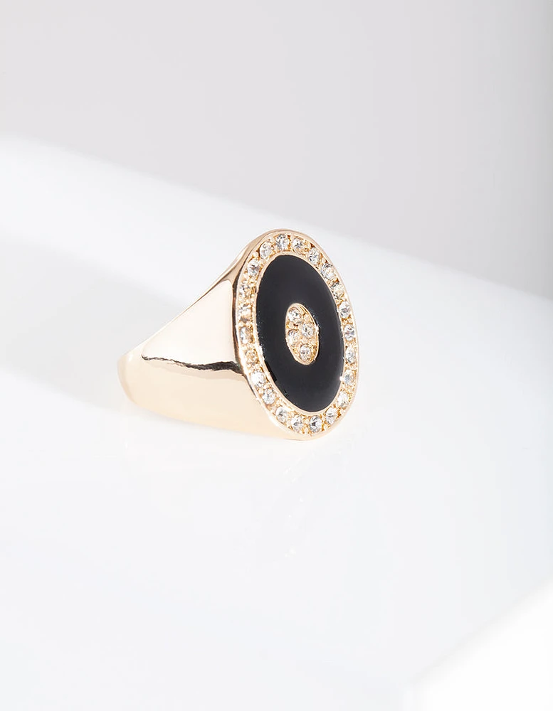 Black Enamel & Diamante Gold Ring