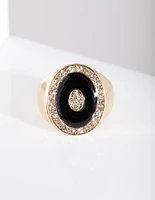 Black Enamel & Diamante Gold Ring