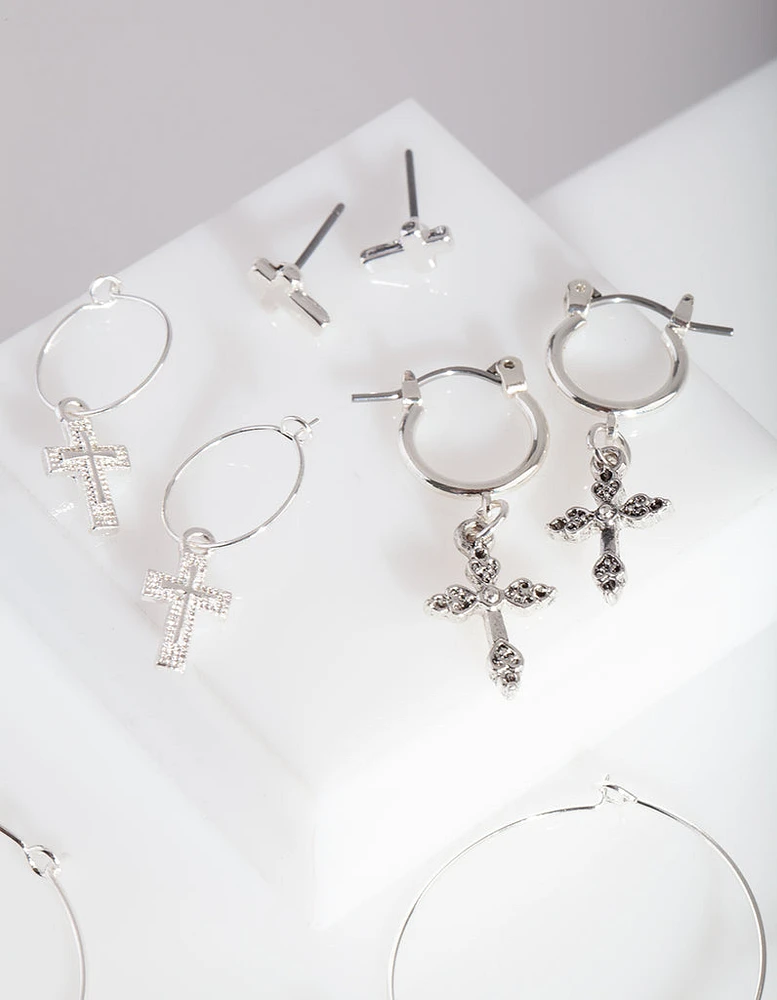 Silver Cross Hoop Earring Pack