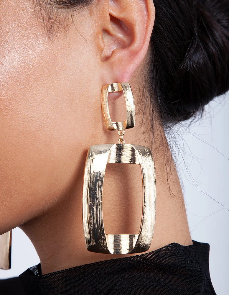 Gold Textured Open Geometric Drop Earrings