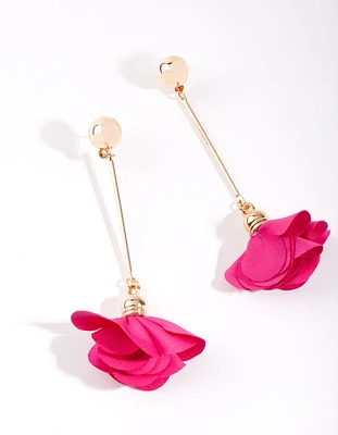 Gold Red Fabric Flower Drop Earrings