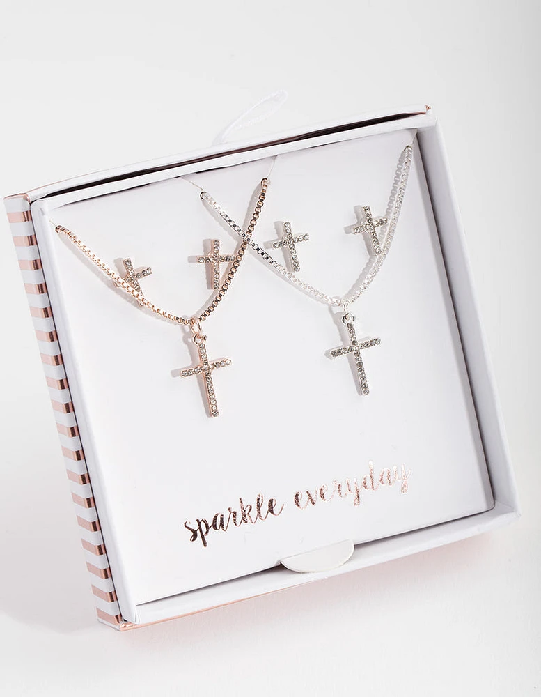 Mixed Metal Diamante Cross Jewellery Set