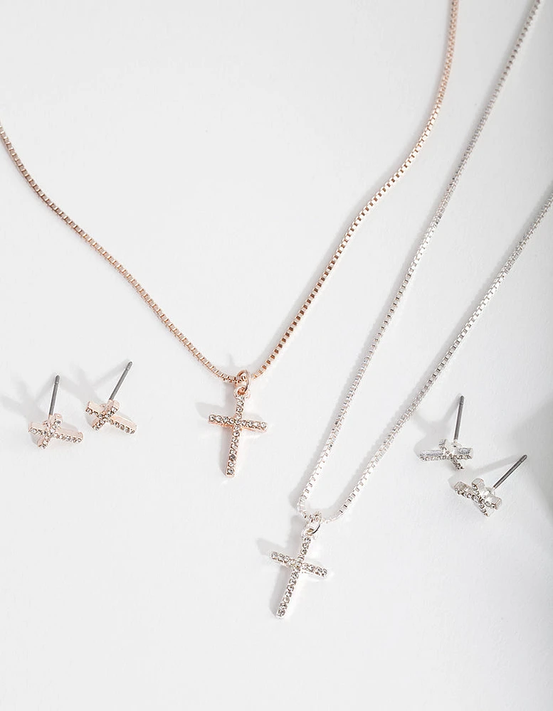 Mixed Metal Diamante Cross Jewellery Set