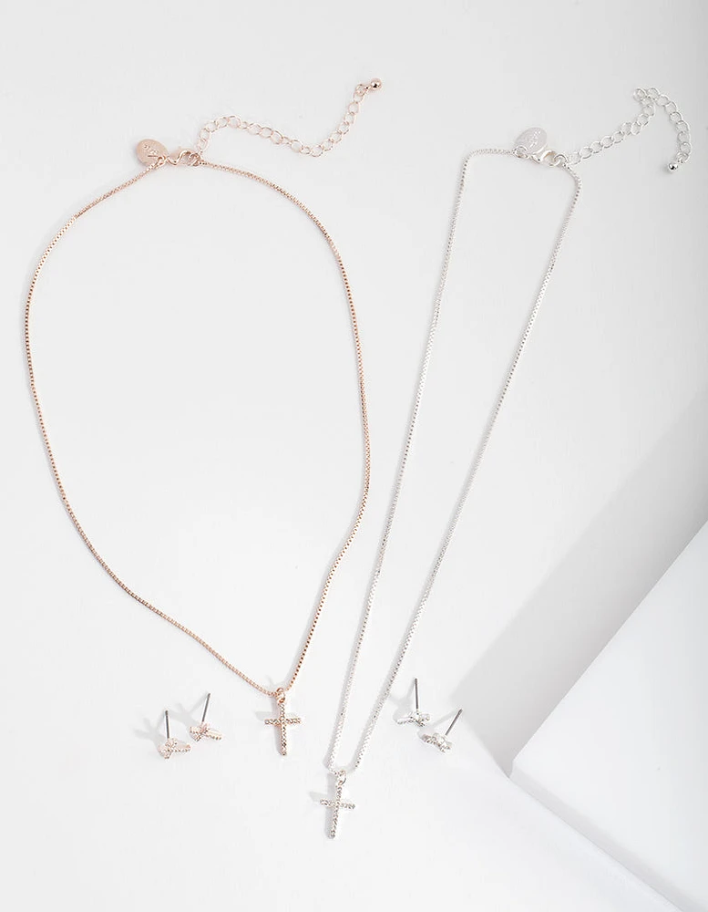 Mixed Metal Diamante Cross Jewellery Set