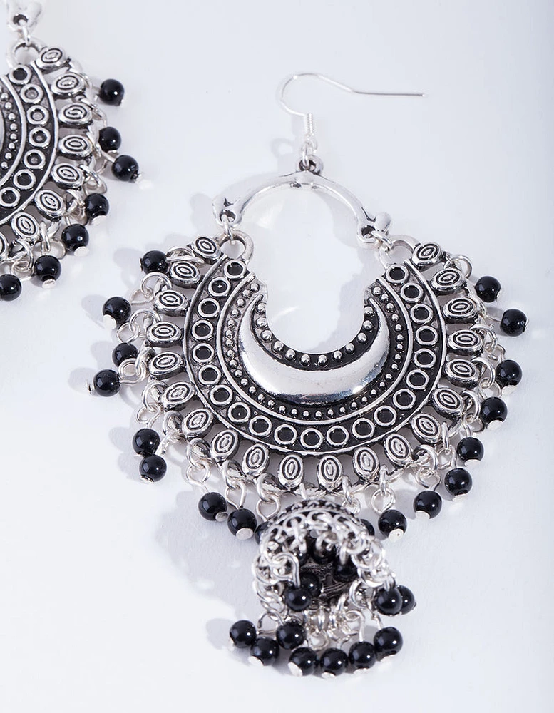 Antique Silver Black Beaded Drop Jhumka Earrings