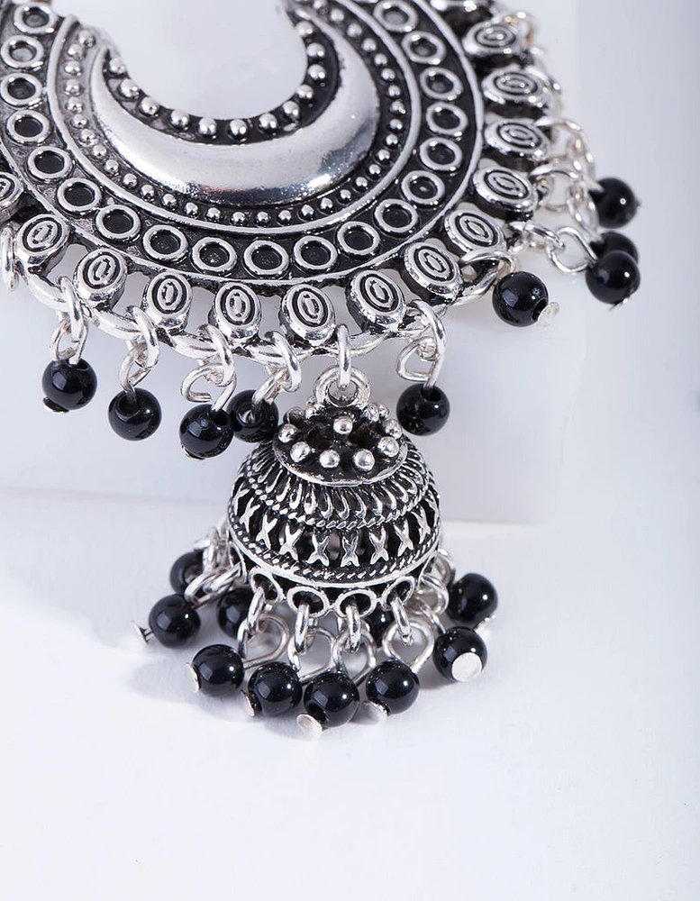 Antique Silver Black Beaded Drop Jhumka Earrings