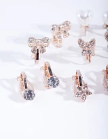 Kids Rose Gold Diamante Star Butterfly Heart & Bow Clip On Earring 5-Pack