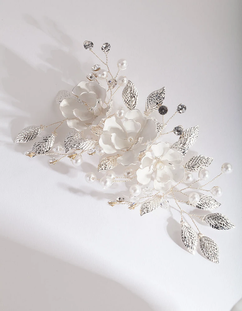 Silver White Floral Hair Clip