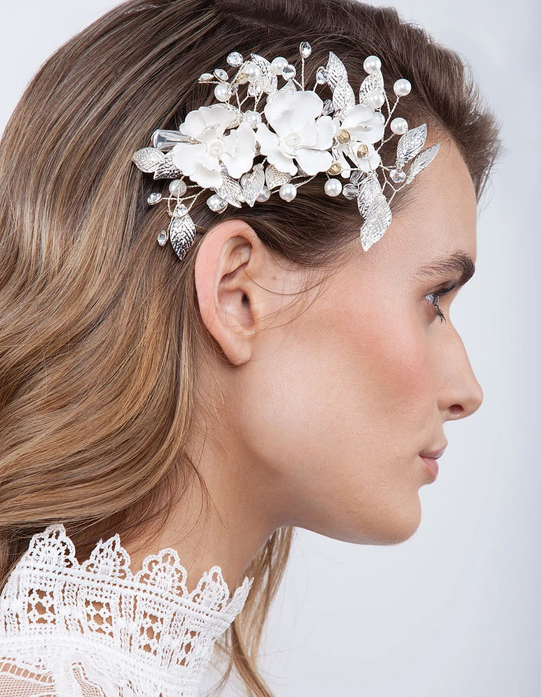 Silver White Floral Hair Clip