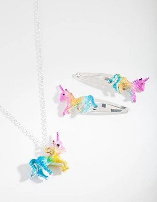 Kids Silver Unicorn Clip Necklace Set