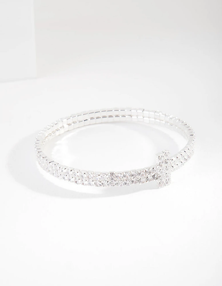 Silver Cubic Zirconia Row T Cuff Bracelet