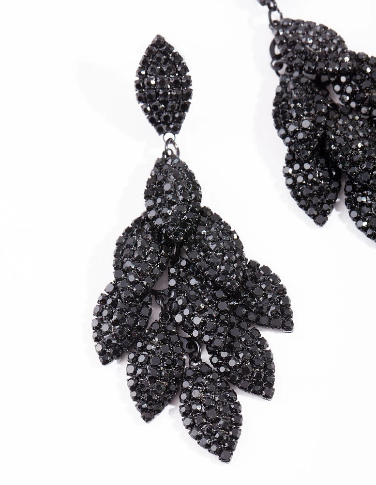 Black Coated Metal Diamante Leaf Earrings