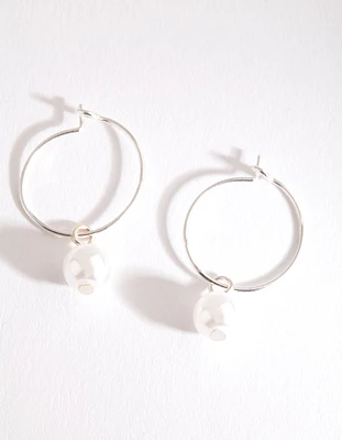 Silver Pearl Charm Hoop Earrings