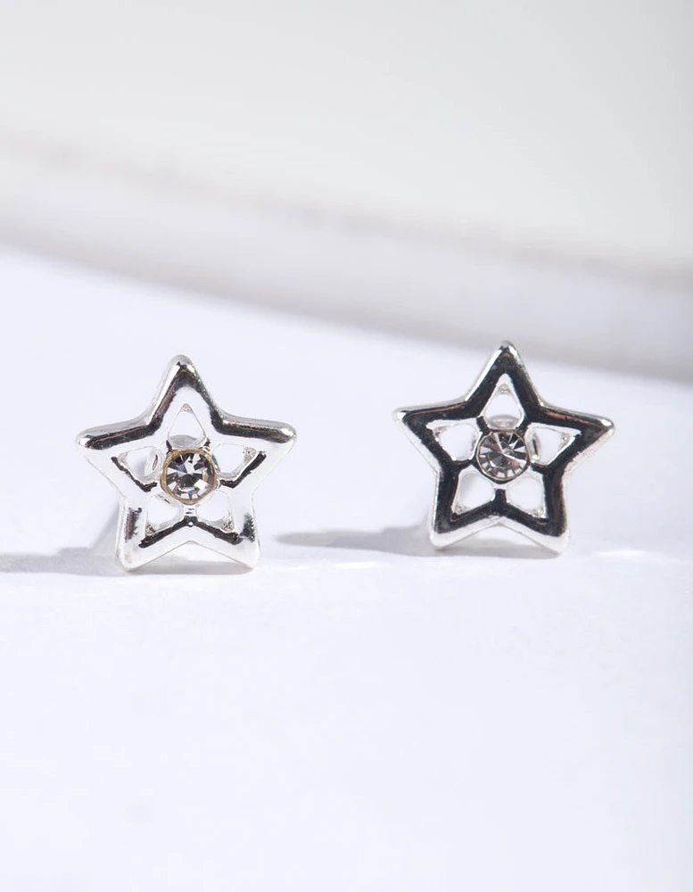 Silver Diamante Star Stud Earrings