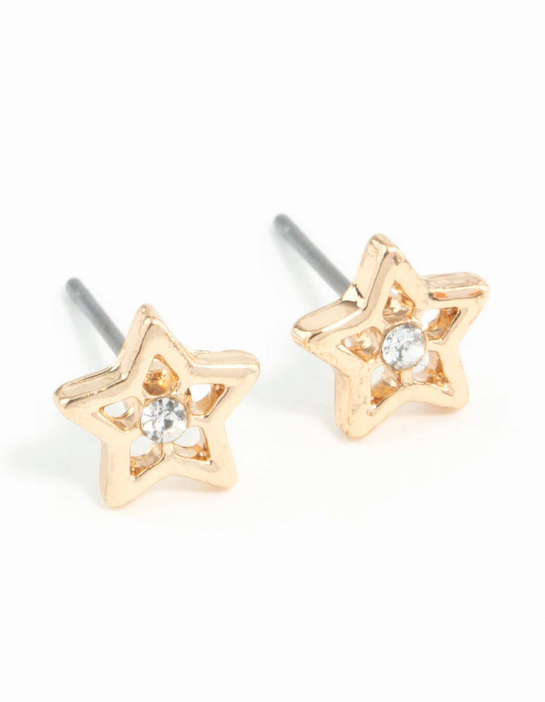 Gold Star Diamante Stud Earrings