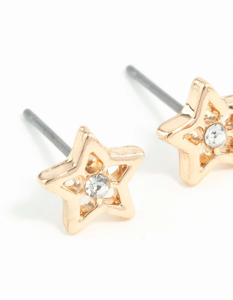 Gold Star Diamante Stud Earrings