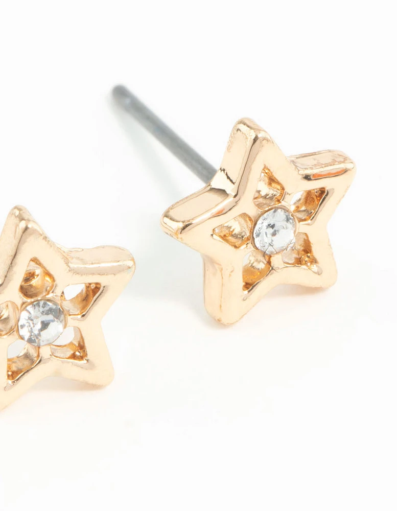 Gold Star Diamante Stud Earrings