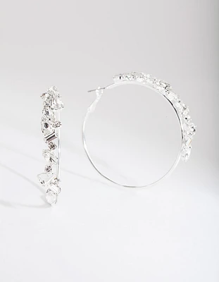 Silver Cluster Gem Hoop Earrings