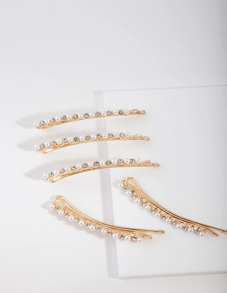 Gold Pearl & Diamante Hair Pin 5-Pack