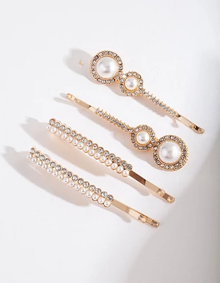 Gold Diamante Pearl Hair Clip 4-Pack