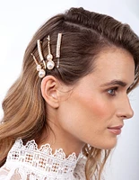 Gold Diamante Pearl Hair Clip 4-Pack