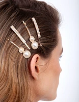 Gold Diamante Pearl Hair Clip 4-Pack